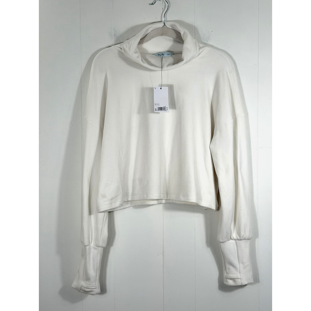 FLX Campfire High Neck Popover Sweater Size Large Ivory Fleece Thumbholes New